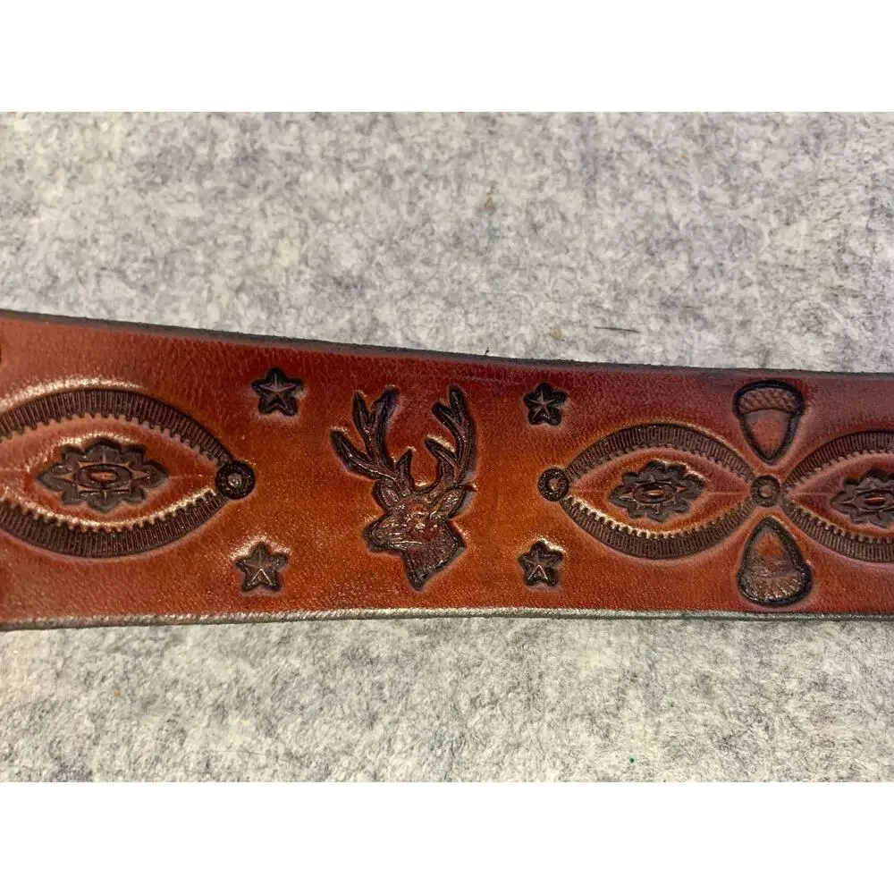 River Ridge Leather Belt, Maker Dennis Knight Tooled Brown Woodland Belt Sz 38